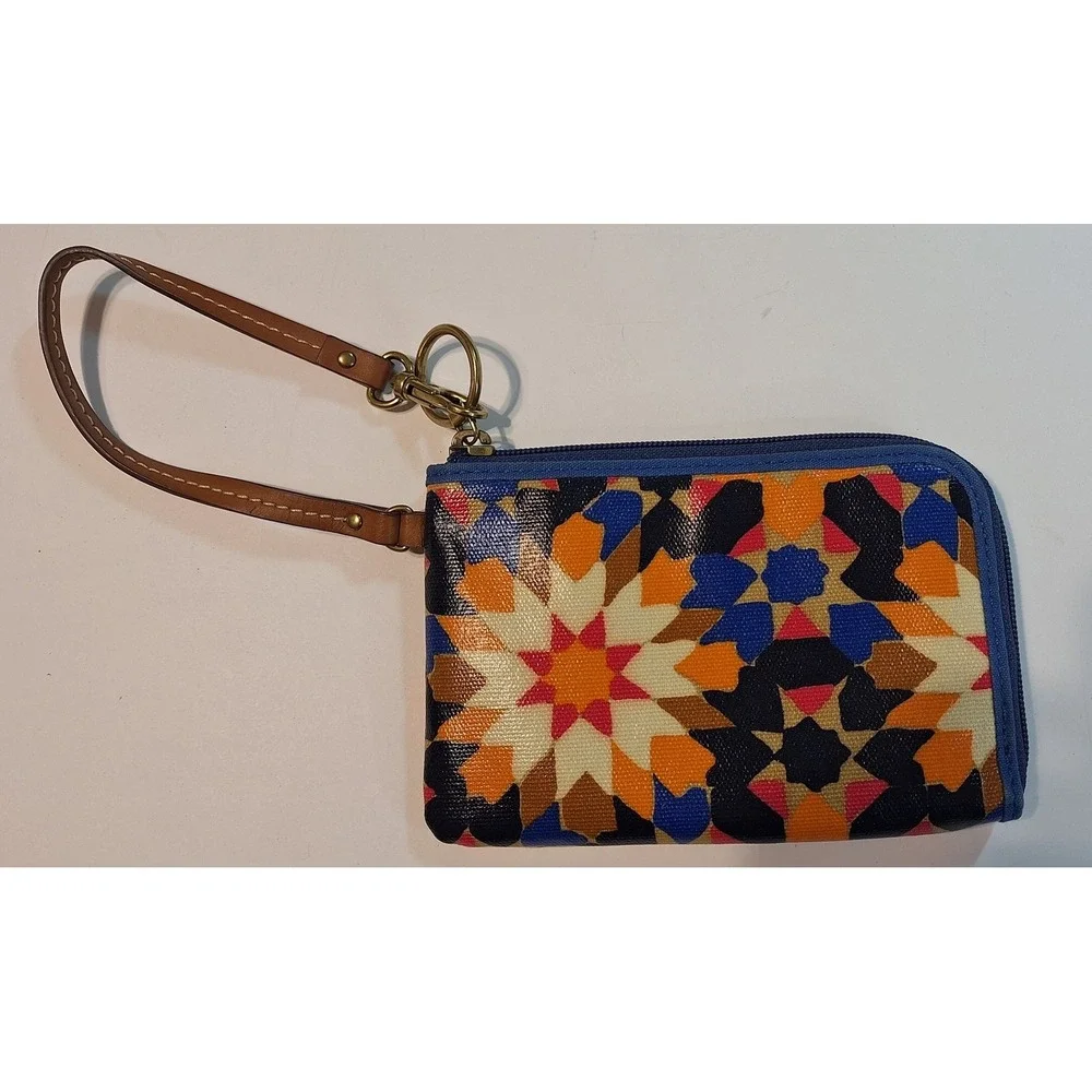 Fossil Geometric Star Coated Canvas Wristlet Wallet Multicolor Blue Orange Zip